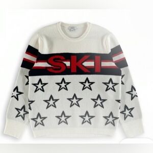 CeCe antique white navy blue stars red SKI monogram print sweater size Small new